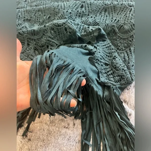 EUC Monoreno Teal Lace Fringe Midi Dress Overlay Sheath 3/4 Sleeve Medium Boho - Picture 12 of 15